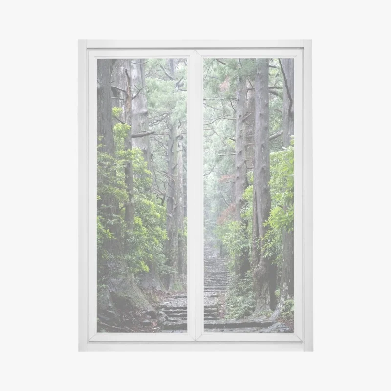 Fensteraufkleber mystischer waldweg zwischen alten bäumen