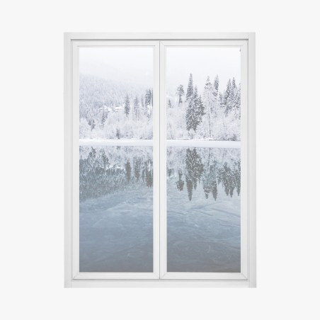 Fensteraufkleber winterlicher see mit spiegelung im verschneiten wald – Wallnifity®