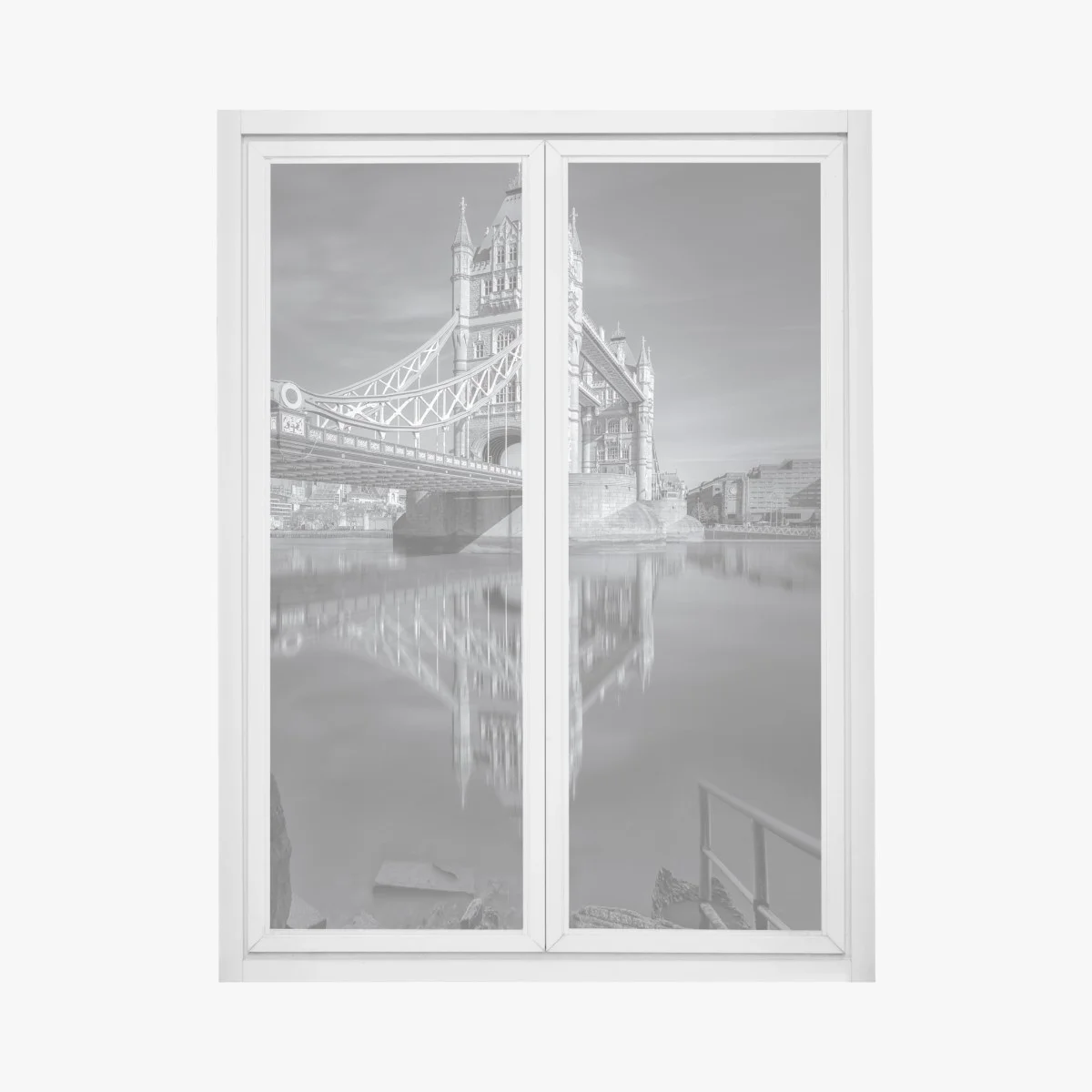 Fensteraufkleber Tower Bridge reflektiert in schwarzweiß – Wallnifity® Fensteraufkleber Tower Bridge reflektiert in schwarzweiß – Wallnifity®
