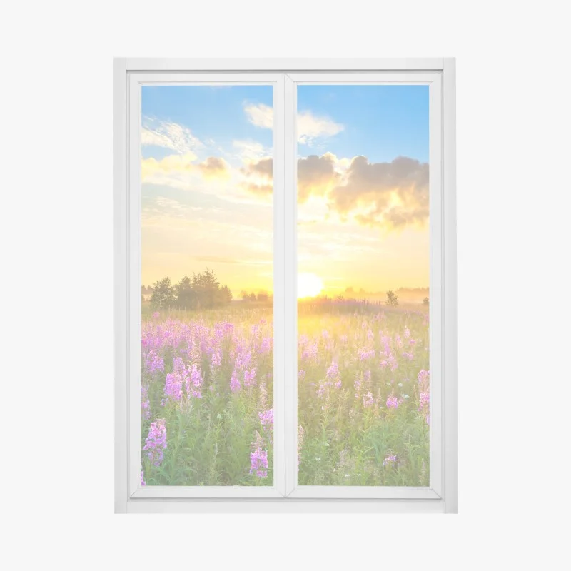 Fensteraufkleber sonnenaufgang über violetter wildblumenwiese