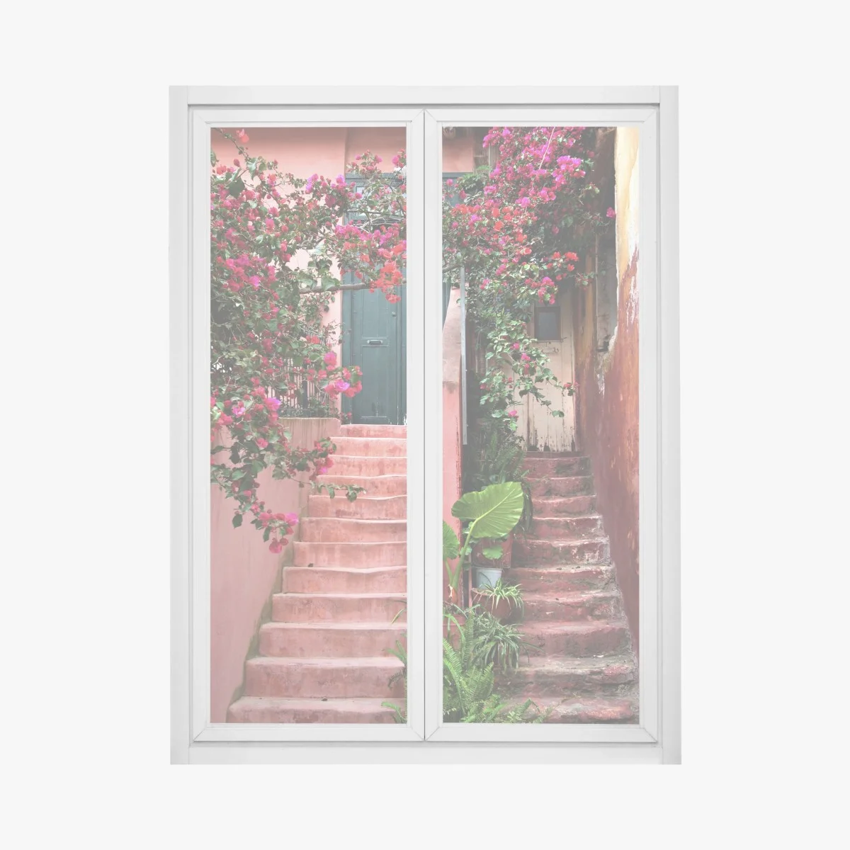 Fensteraufkleber treppe mit bougainvillea und grünen pflanzen – Wallnifity® Fensteraufkleber treppe mit bougainvillea und grünen pflanzen – Wallnifity®