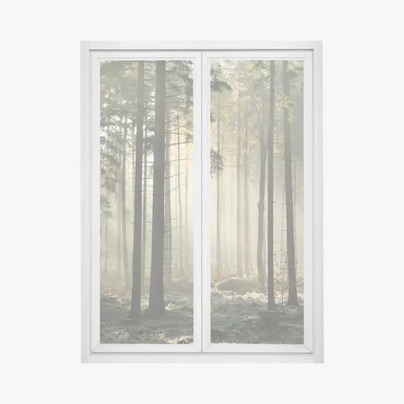 Fensteraufkleber nebliger morgenwald mit sonnenstrahlen