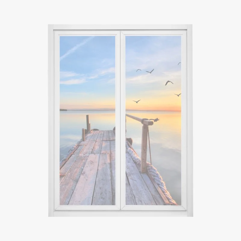 Fensteraufkleber sonnenuntergang am hölzernen steg