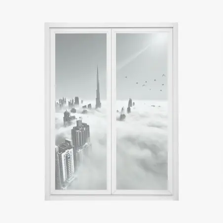 Fensteraufkleber neblige skyline von Dubai über den wolken – Wallnifity®