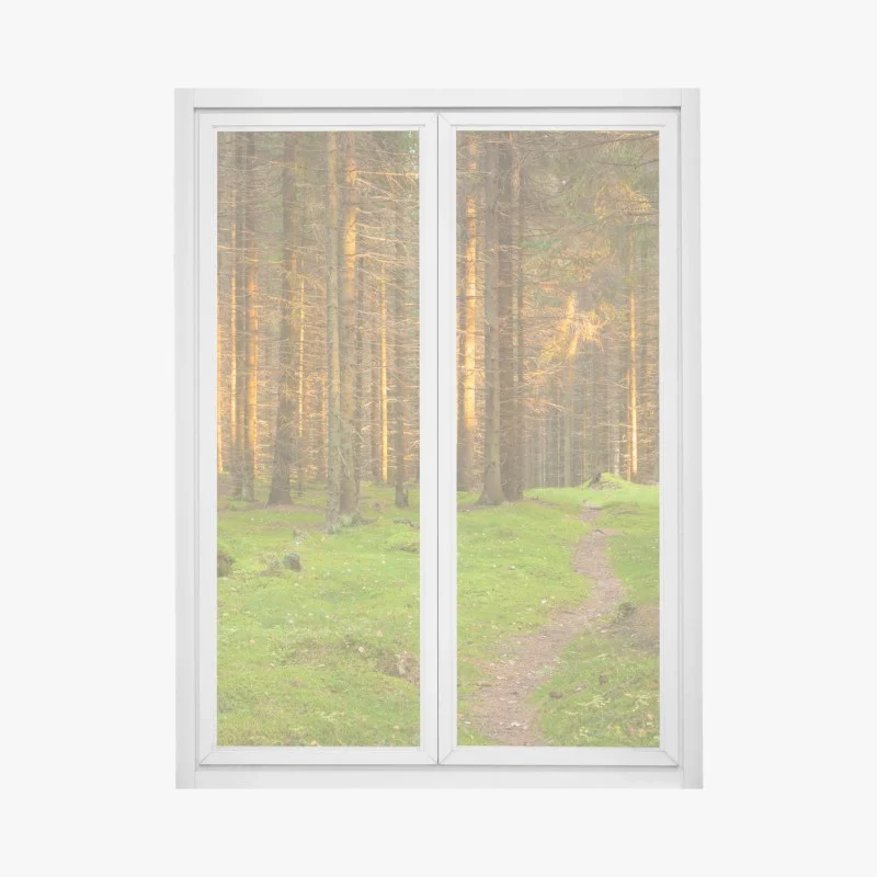 Fensteraufkleber goldenes licht im moosbedeckten kiefernwald