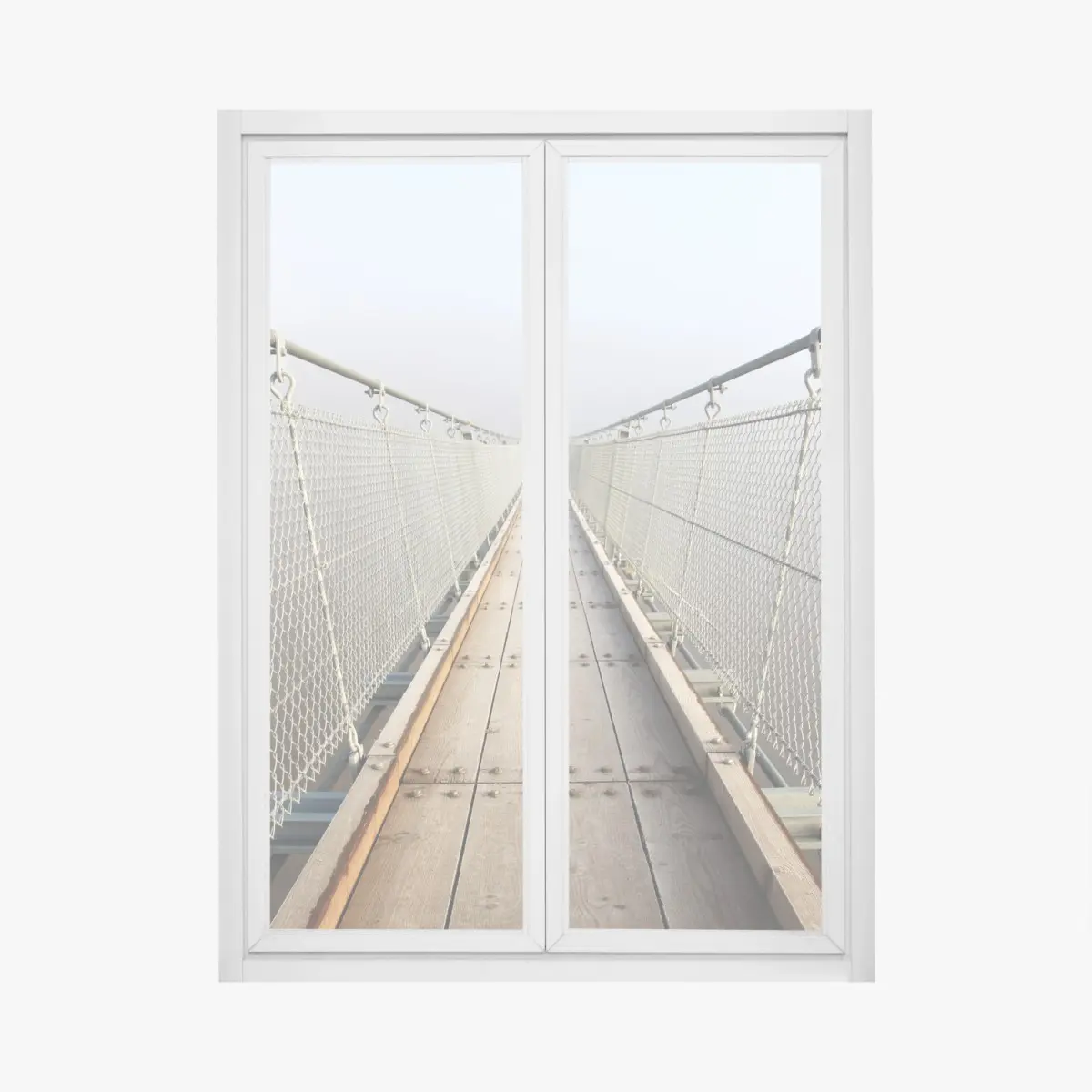 Fensteraufkleber neblige hängebrücke die in den nebel führt – Wallnifity® Fensteraufkleber neblige hängebrücke die in den nebel führt – Wallnifity®
