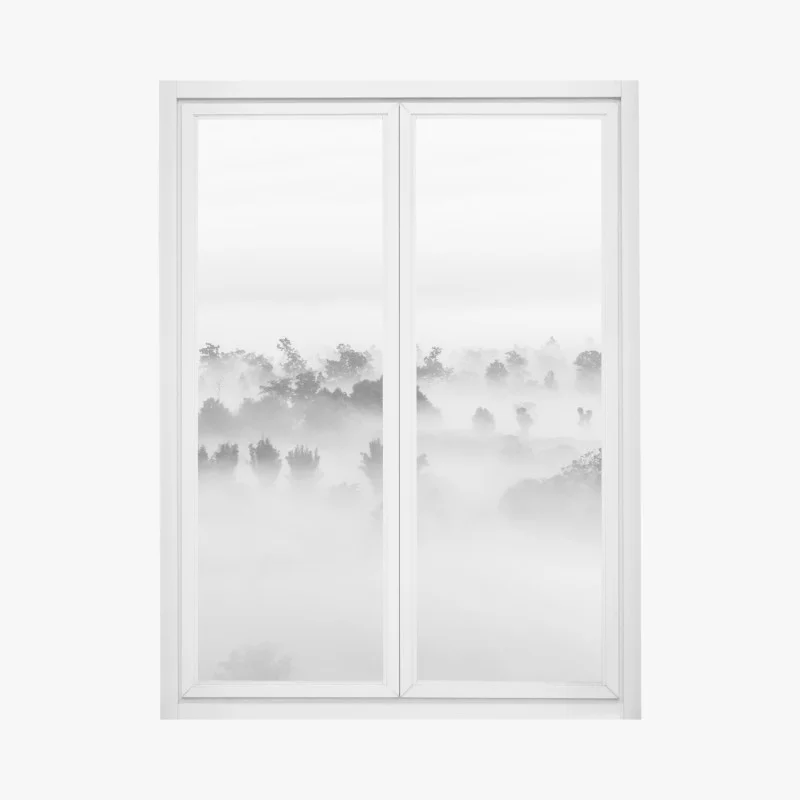 Fensteraufkleber nebliger wald in monochrom – Wallnifity®