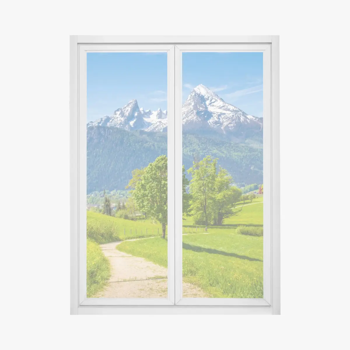 Fensteraufkleber ruhige alpenwiese mit berggipfeln – Wallnifity®