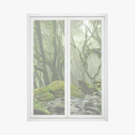 Fensteraufkleber moosiger wald mit bach im nebel – Wallnifity®