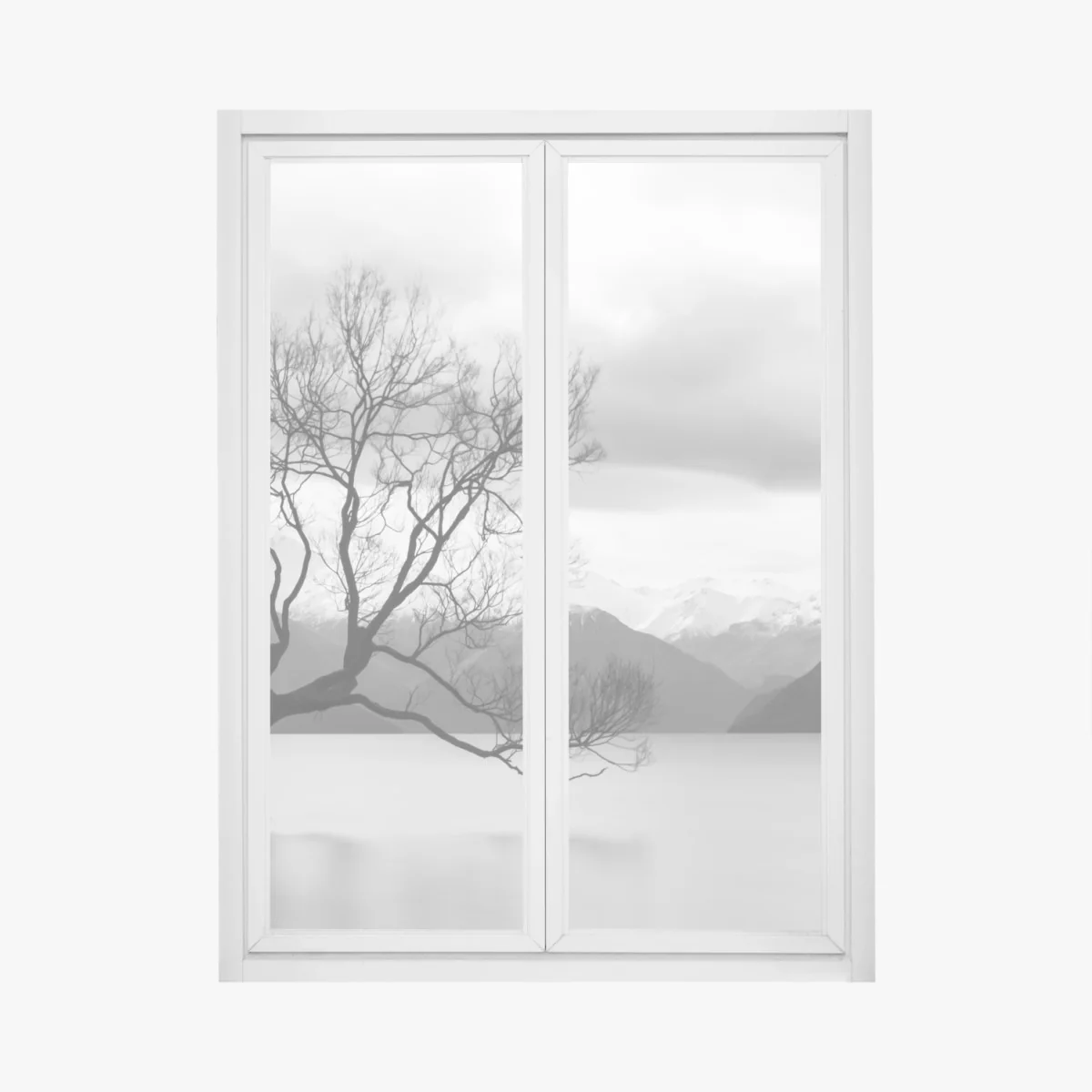 Fensteraufkleber einsamer baum im see in schwarzweiß – Wallnifity® Fensteraufkleber einsamer baum im see in schwarzweiß – Wallnifity®