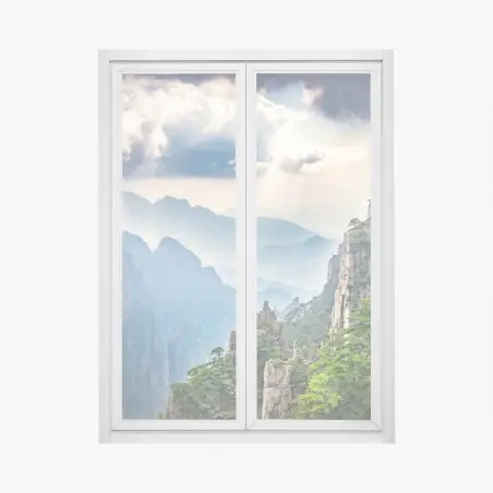 Fensteraufkleber neblige bergklippen mit sonnenstrahlen – Wallnifity®