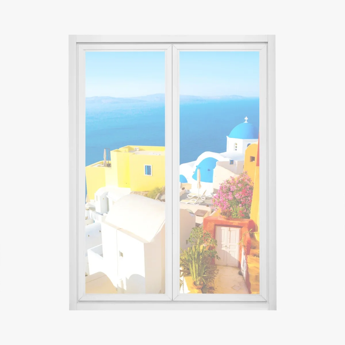 Fensteraufkleber sonniges Santorini küstendorf – Wallnifity® Fensteraufkleber sonniges Santorini küstendorf – Wallnifity®