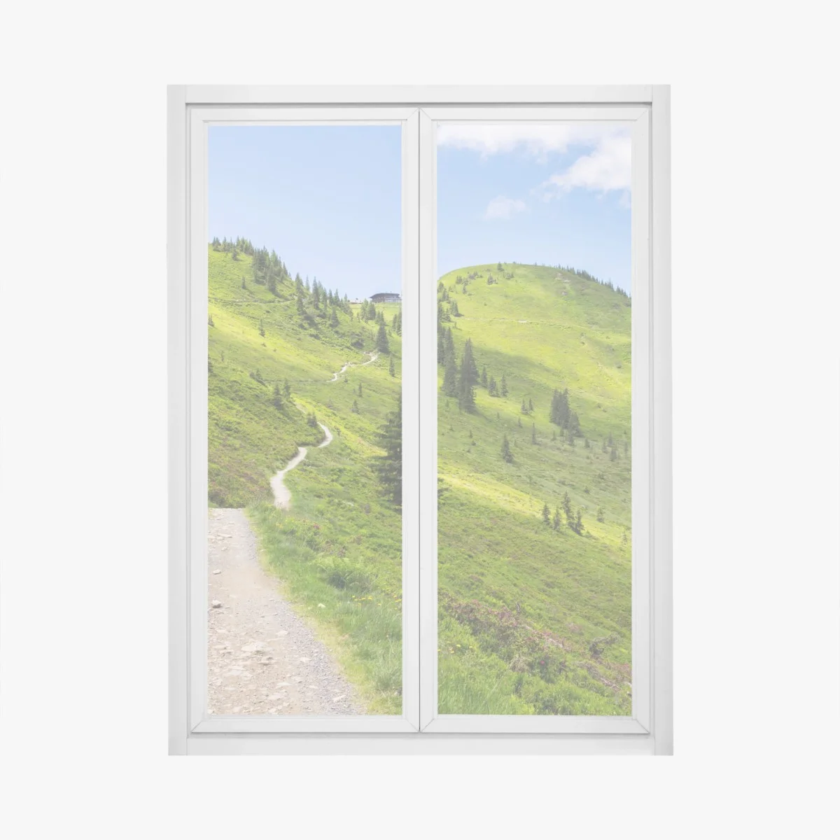 Fensteraufkleber sonniger bergpfad durch grüne wiese – Wallnifity® Fensteraufkleber sonniger bergpfad durch grüne wiese – Wallnifity®