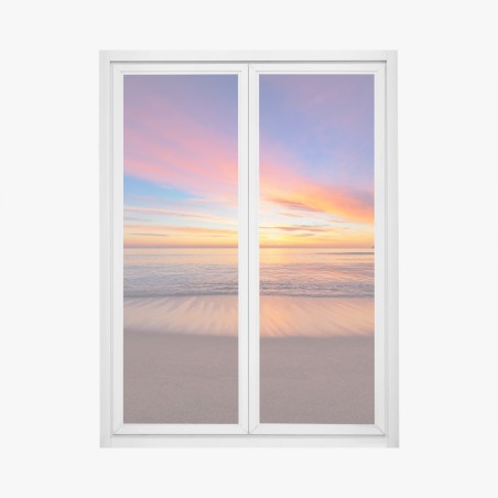 Fensteraufkleber lebendiger sonnenaufgang über einem ruhigen strand – Wallnifity®