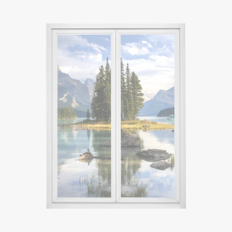 Fensteraufkleber ruhiger alpensee mit insel und bergen