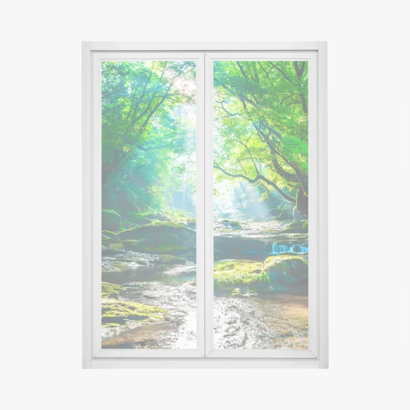 Fensteraufkleber sonnendurchfluteter waldbach mit moosbedeckten steinen