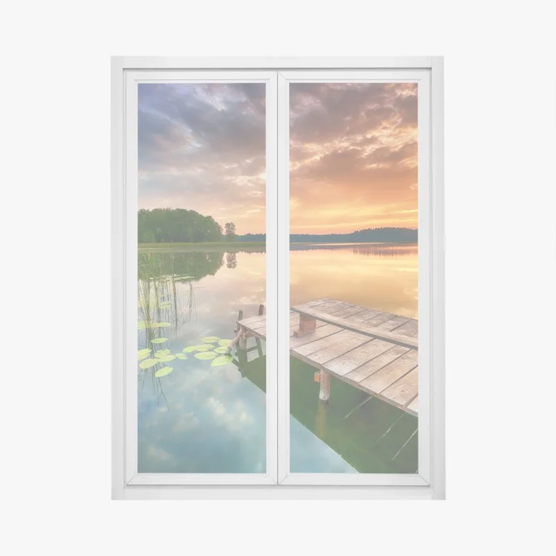 Fensteraufkleber goldener sonnenaufgang über ruhigem see