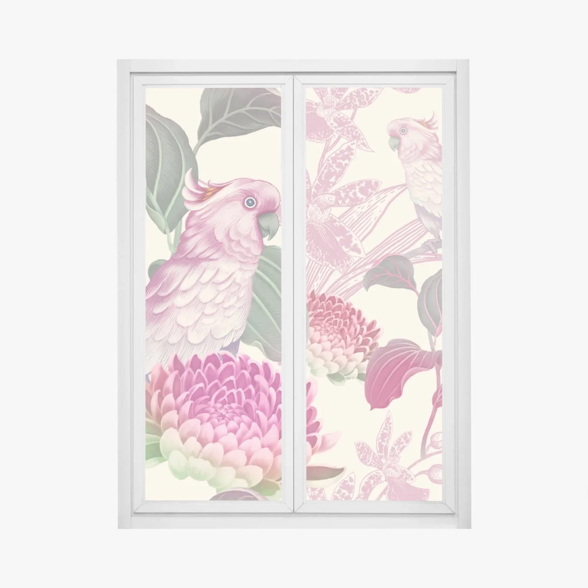 Fensteraufkleber rosa papagei und chrysantheme - botanisches motiv – Wallnifity® Fensteraufkleber rosa papagei und chrysantheme - botanisches motiv – Wallnifity®