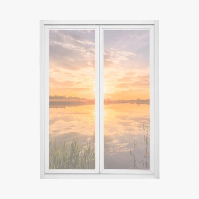 Fensteraufkleber goldener sonnenuntergang über idyllischem see