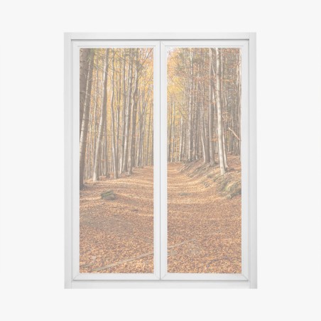 Fensteraufkleber herbstlicher waldweg mit goldenen blättern – Wallnifity®