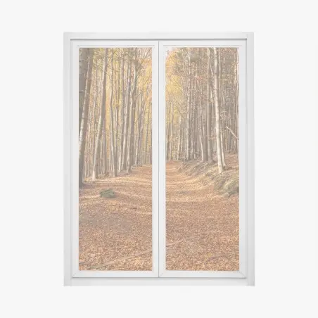 Fensteraufkleber herbstlicher waldweg mit goldenen blättern – Wallnifity®