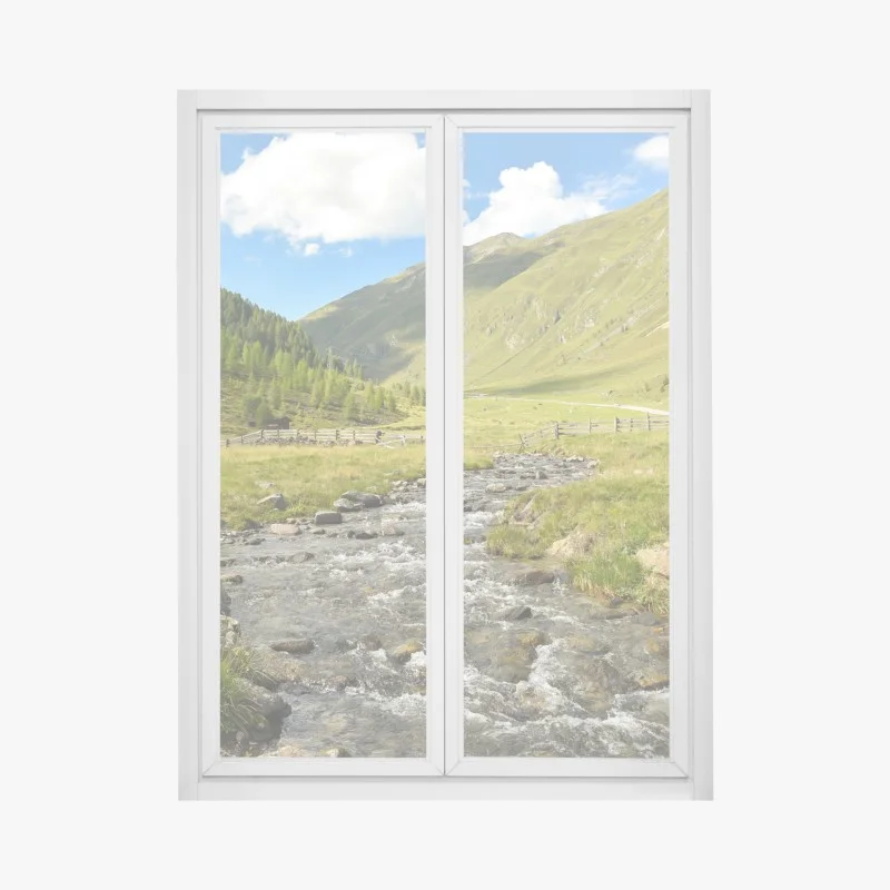 Fensteraufkleber alpenbach im sonnigen tal