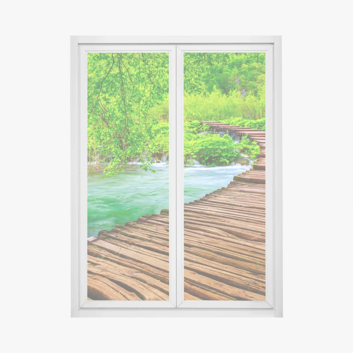 Fensteraufkleber ruhiger grüner steg über dem fluss – Wallnifity® Fensteraufkleber ruhiger grüner steg über dem fluss – Wallnifity®