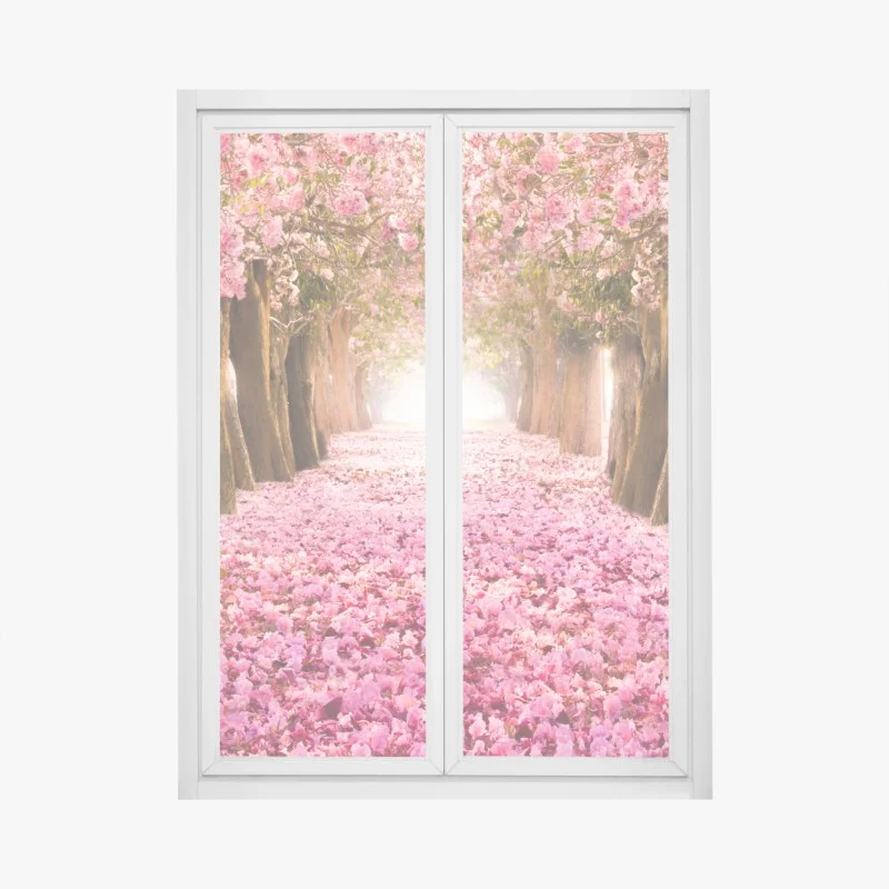 Fensteraufkleber rosa blütenallee unter kirschbäumen
