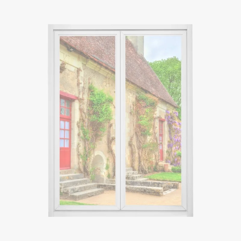 Fensteraufkleber reizendes landhaus mit blühender glyzinie