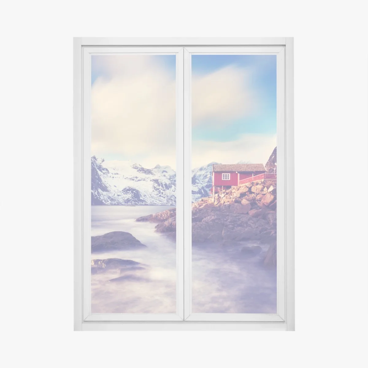 Fensteraufkleber küstengebirge mit roten hütten – Wallnifity® Fensteraufkleber küstengebirge mit roten hütten – Wallnifity®