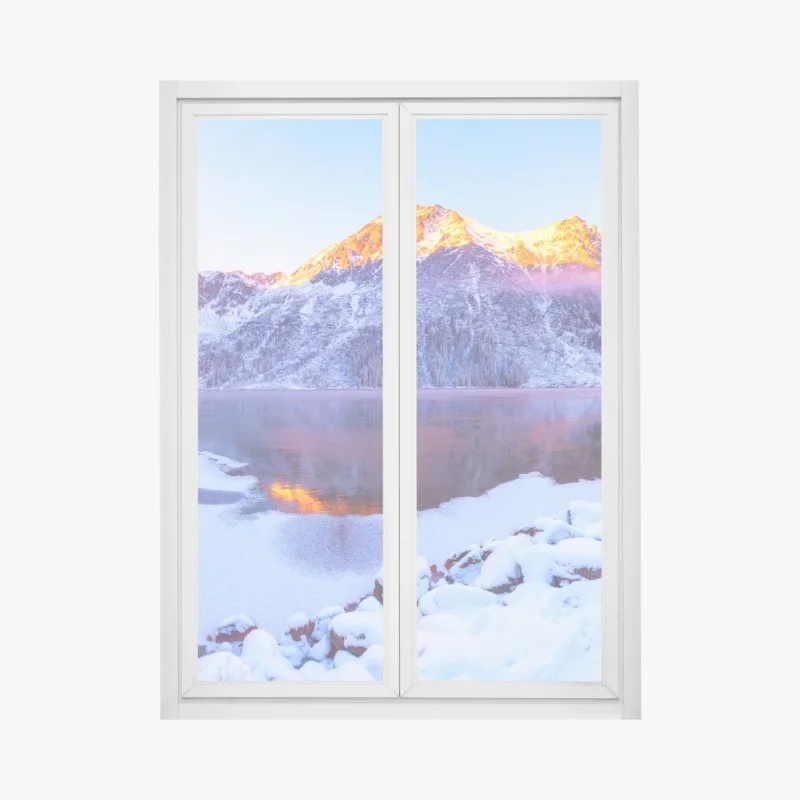 Fensteraufkleber sonnenbeschienene berge über gefrorenem alpensee