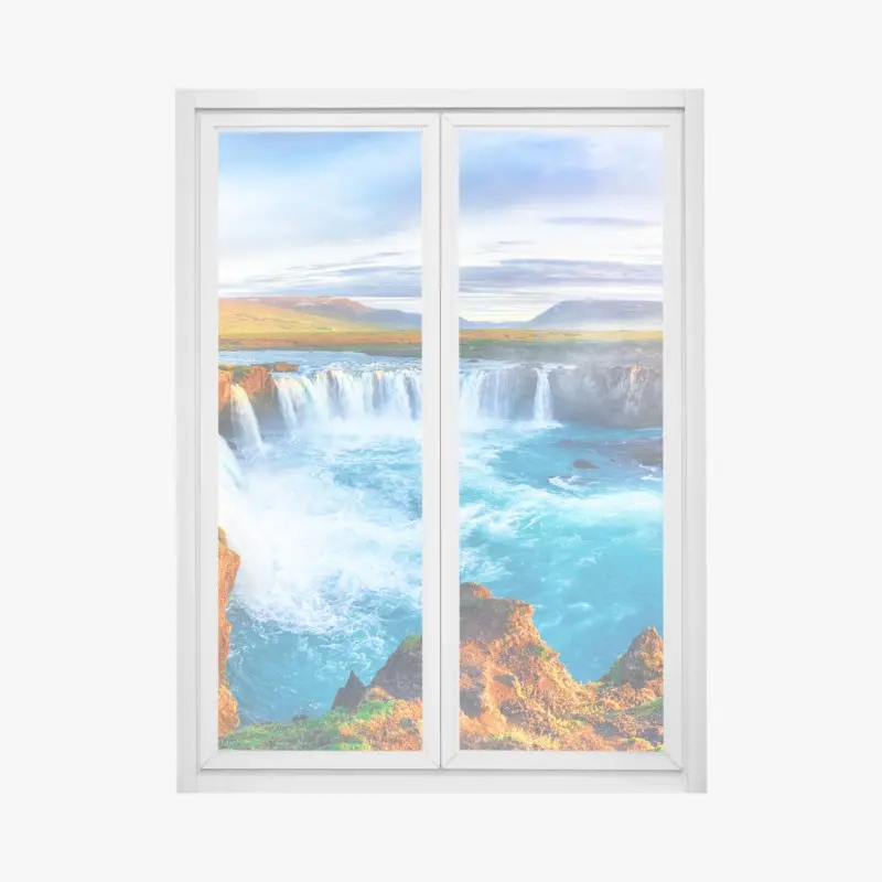 Fensteraufkleber panorama des wasserfalls Godafoss bei sonnenaufgang