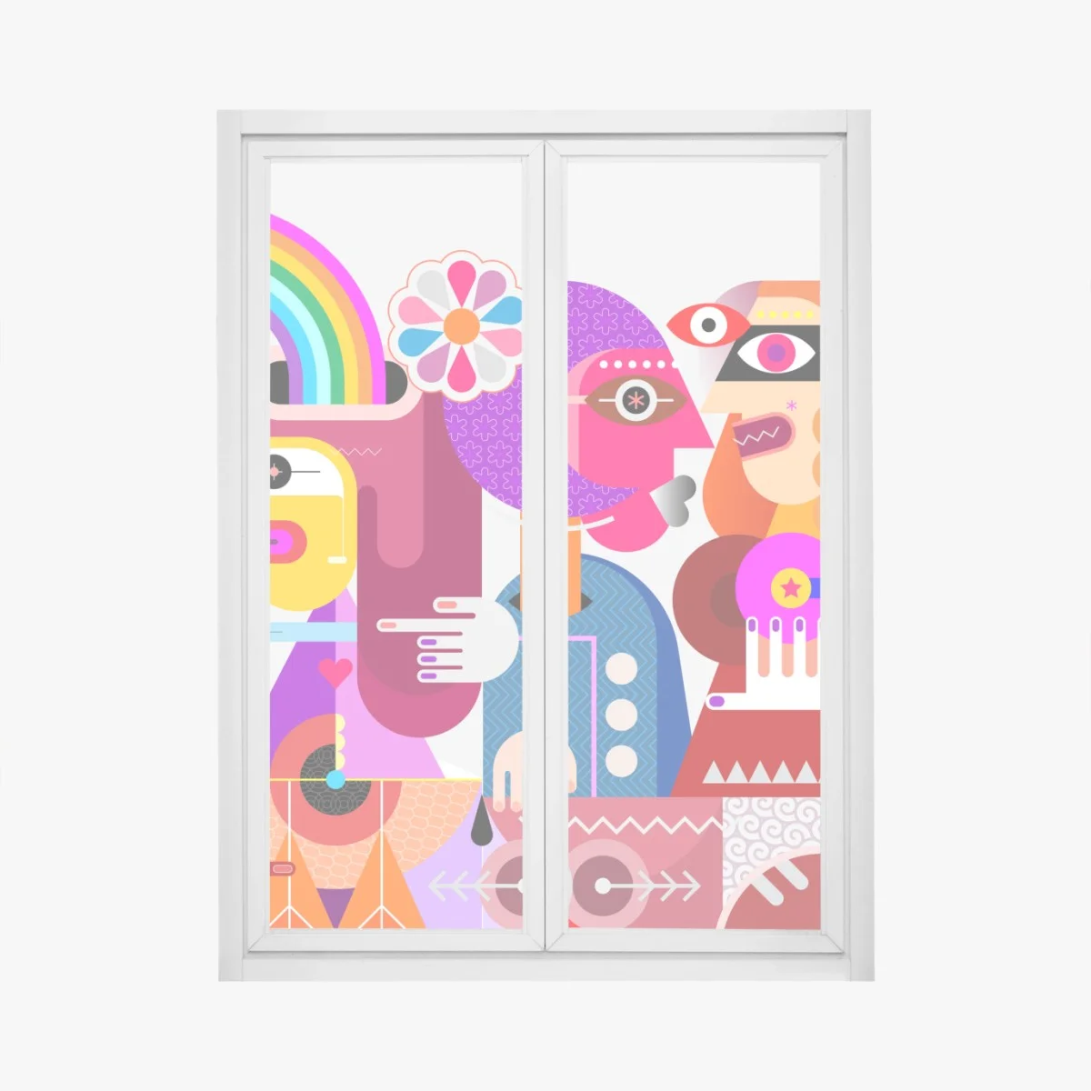 Fensteraufkleber mann mit regenbogen reitet geometrischen vogel – Wallnifity® Fensteraufkleber mann mit regenbogen reitet geometrischen vogel – Wallnifity®