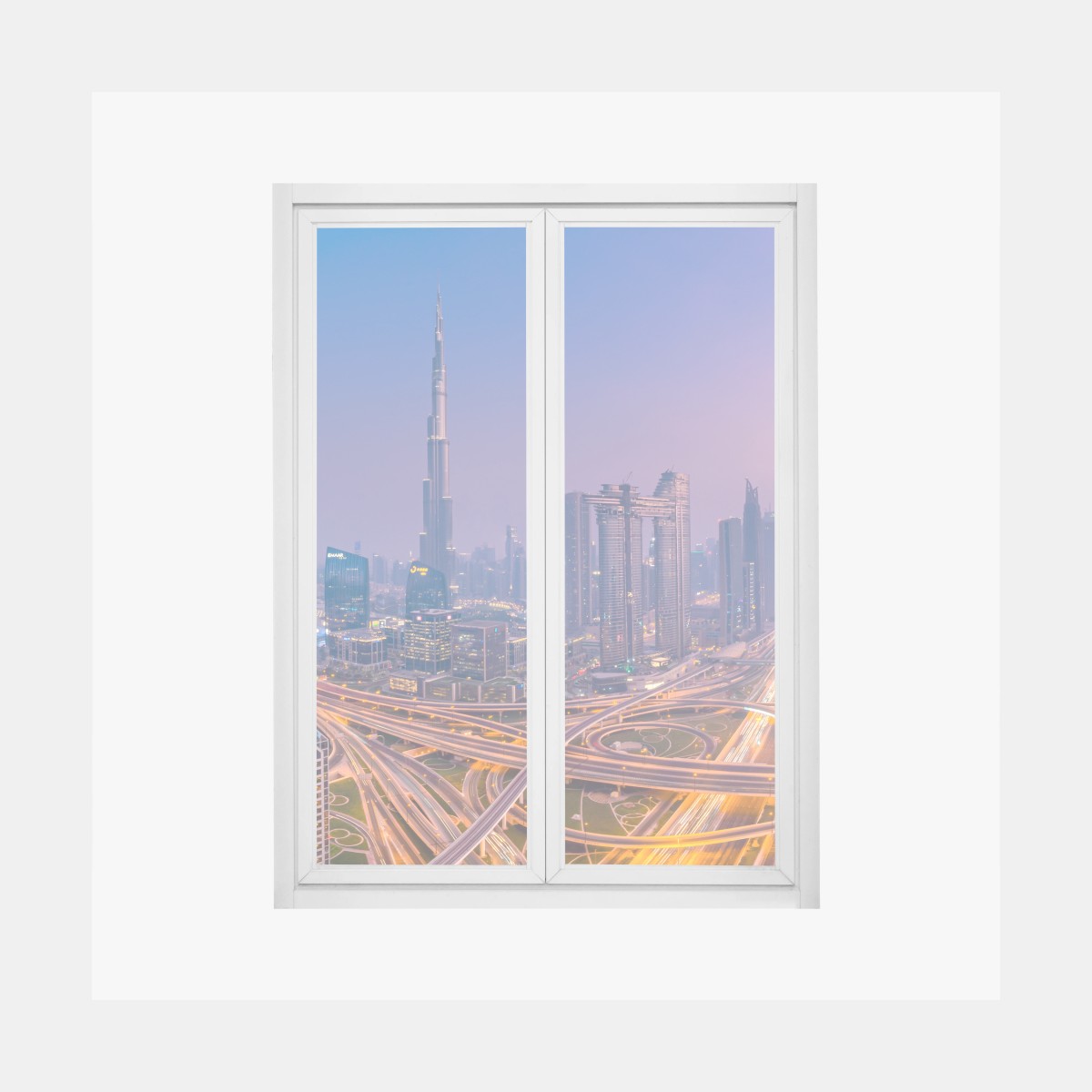 Fensteraufkleber panoramablick auf Dubai bei dämmerung – Wallnifity®
