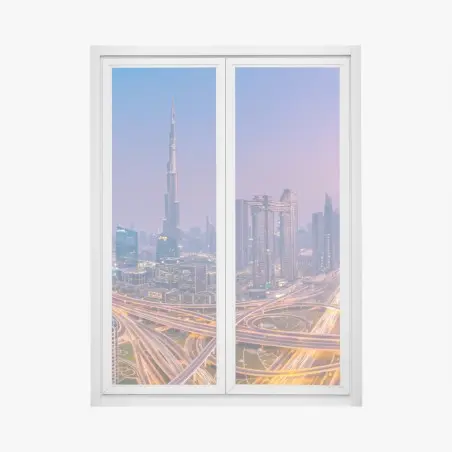 Fensteraufkleber panoramablick auf Dubai bei dämmerung – Wallnifity®