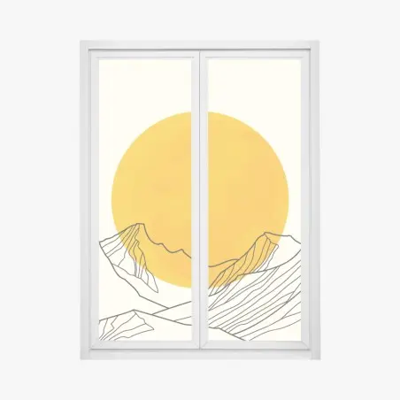 Fensteraufkleber goldene sonne über minimalistischen bergen – Wallnifity®