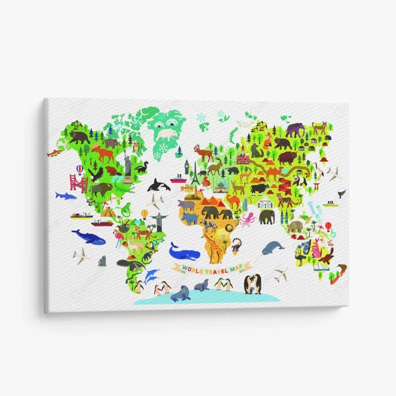 Leinwandbild bunte weltkarte mit tieren