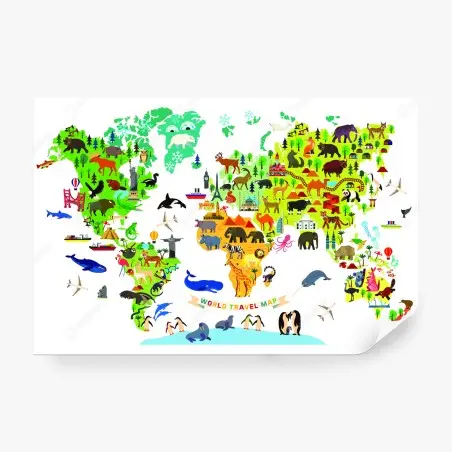 Fototapete bunte weltkarte mit tieren – Wallnifity®