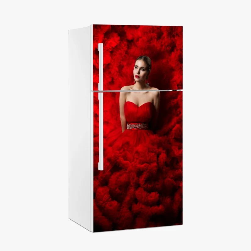 Kühlschrankaufkleber elegantes porträt im roten kleid