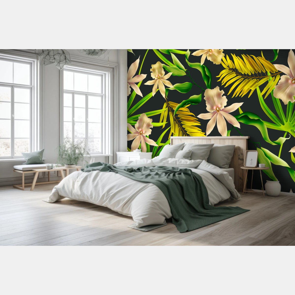 Fototapete tropisches orchideenmuster auf dunklem hintergrund – Wallnifity®