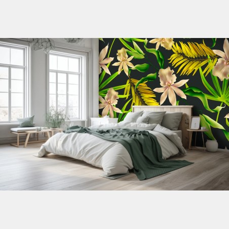 Fototapete tropisches orchideenmuster auf dunklem hintergrund – Wallnifity®