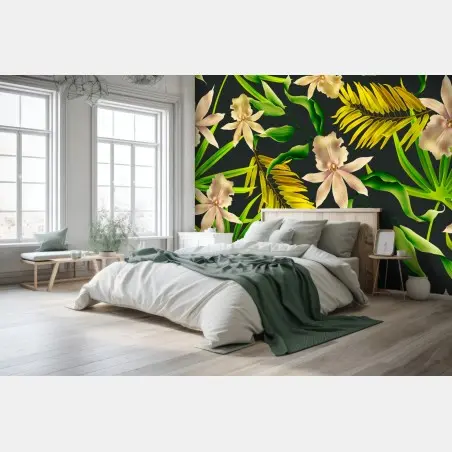 Fototapete tropisches orchideenmuster auf dunklem hintergrund – Wallnifity®