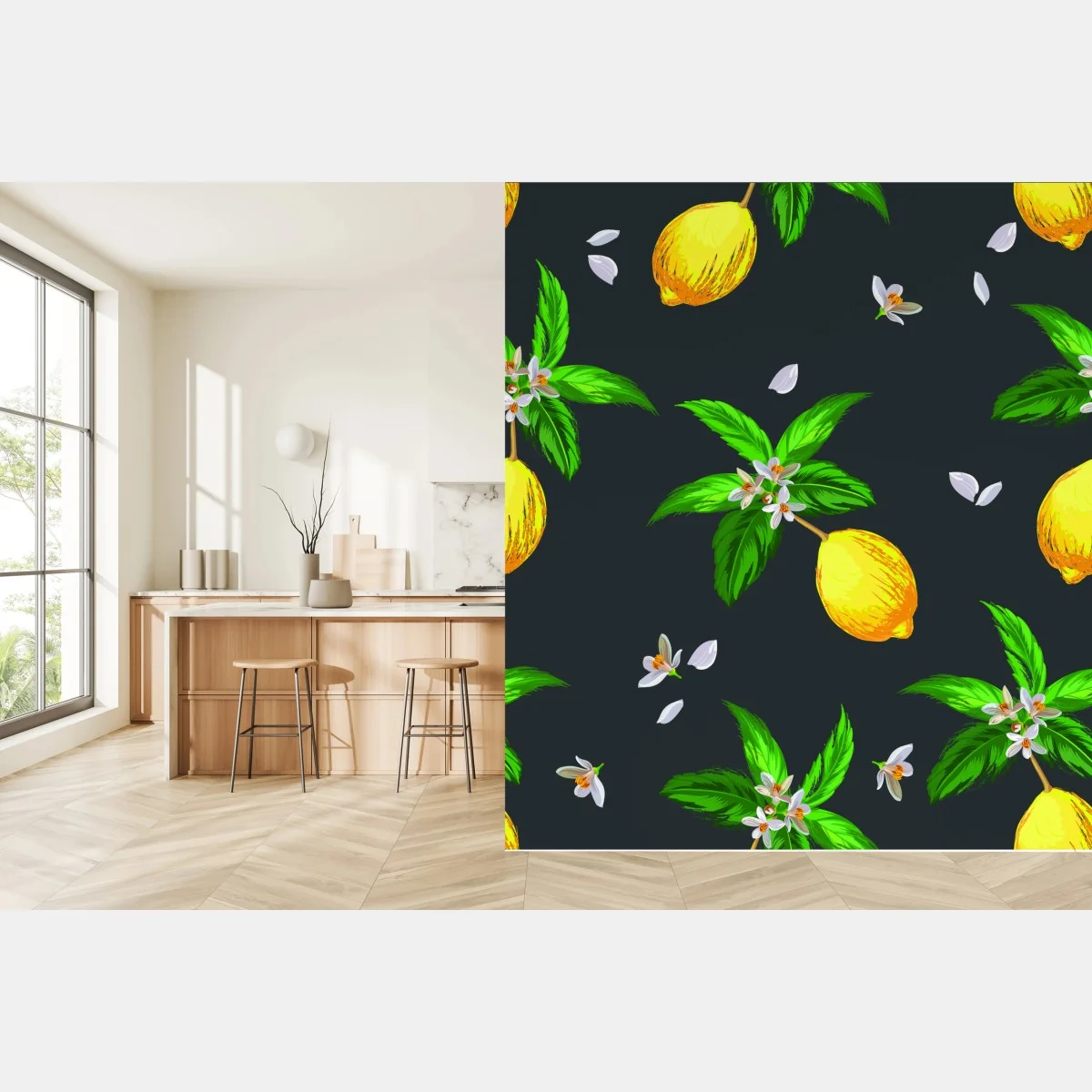 Fototapete leuchtendes zitronenmuster mit grünen blättern – Wallnifity® Fototapete leuchtendes zitronenmuster mit grünen blättern – Wallnifity®