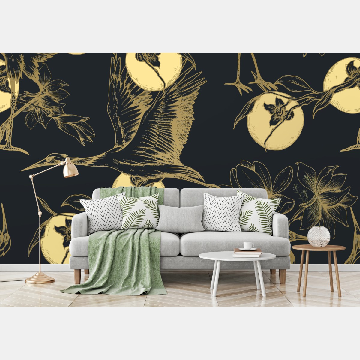 Fototapete goldene kraniche und mondmuster – Wallnifity®