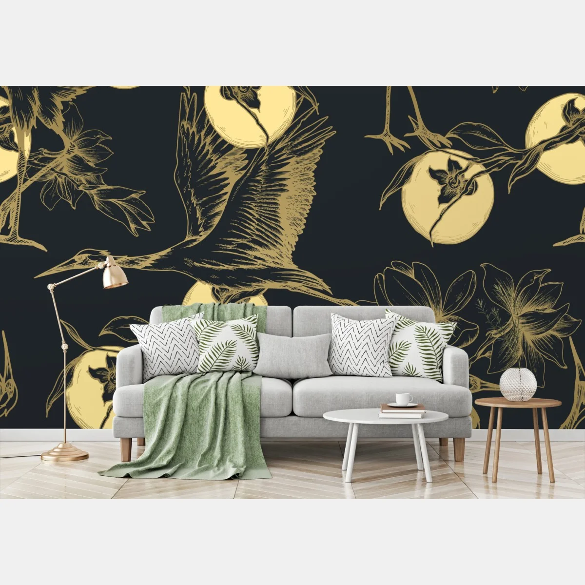 Fototapete goldene kraniche und mondmuster – Wallnifity® Fototapete goldene kraniche und mondmuster – Wallnifity®