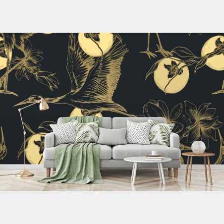 Fototapete goldene kraniche und mondmuster – Wallnifity®