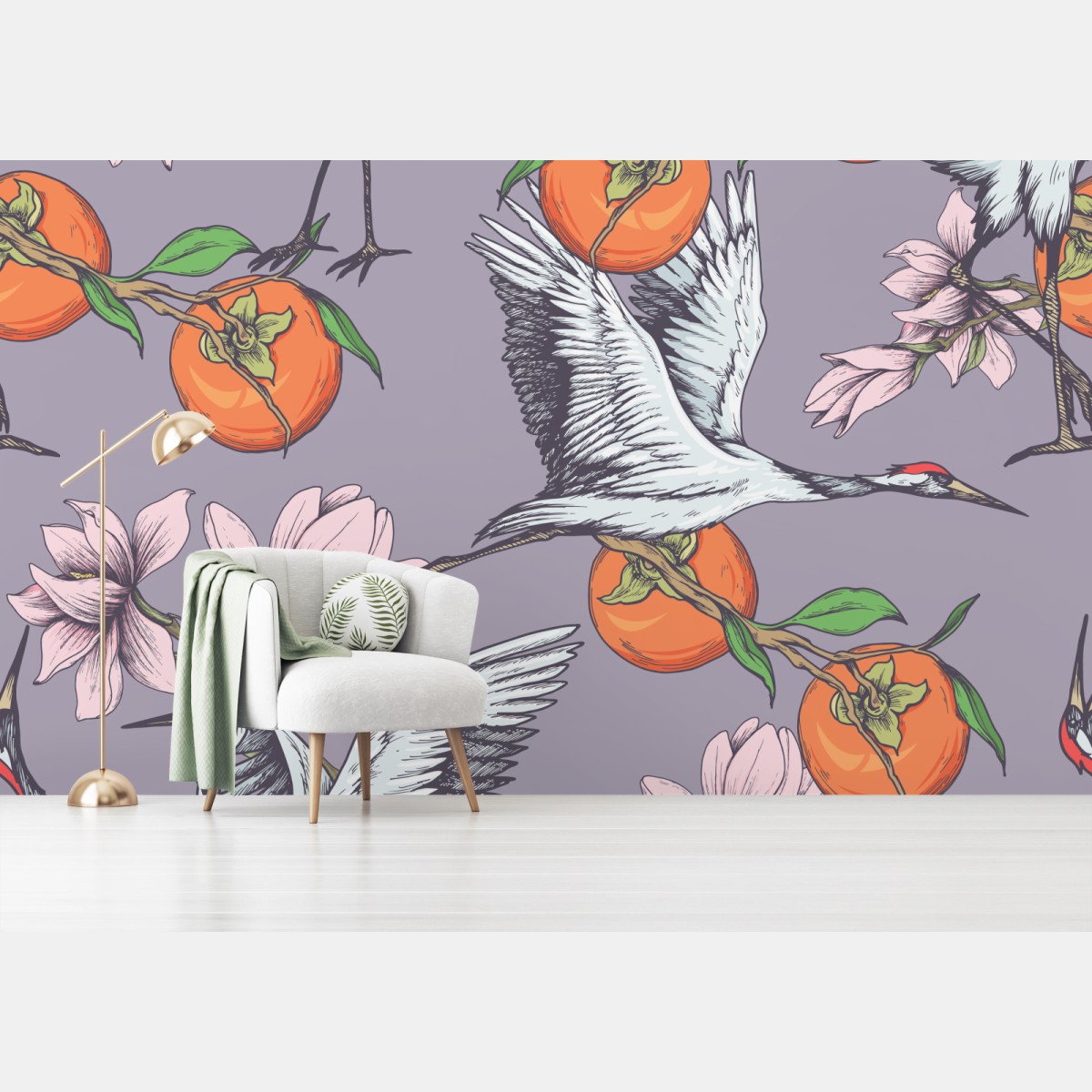 Fototapete anmutige kraniche und kakis mit magnolien – Wallnifity®