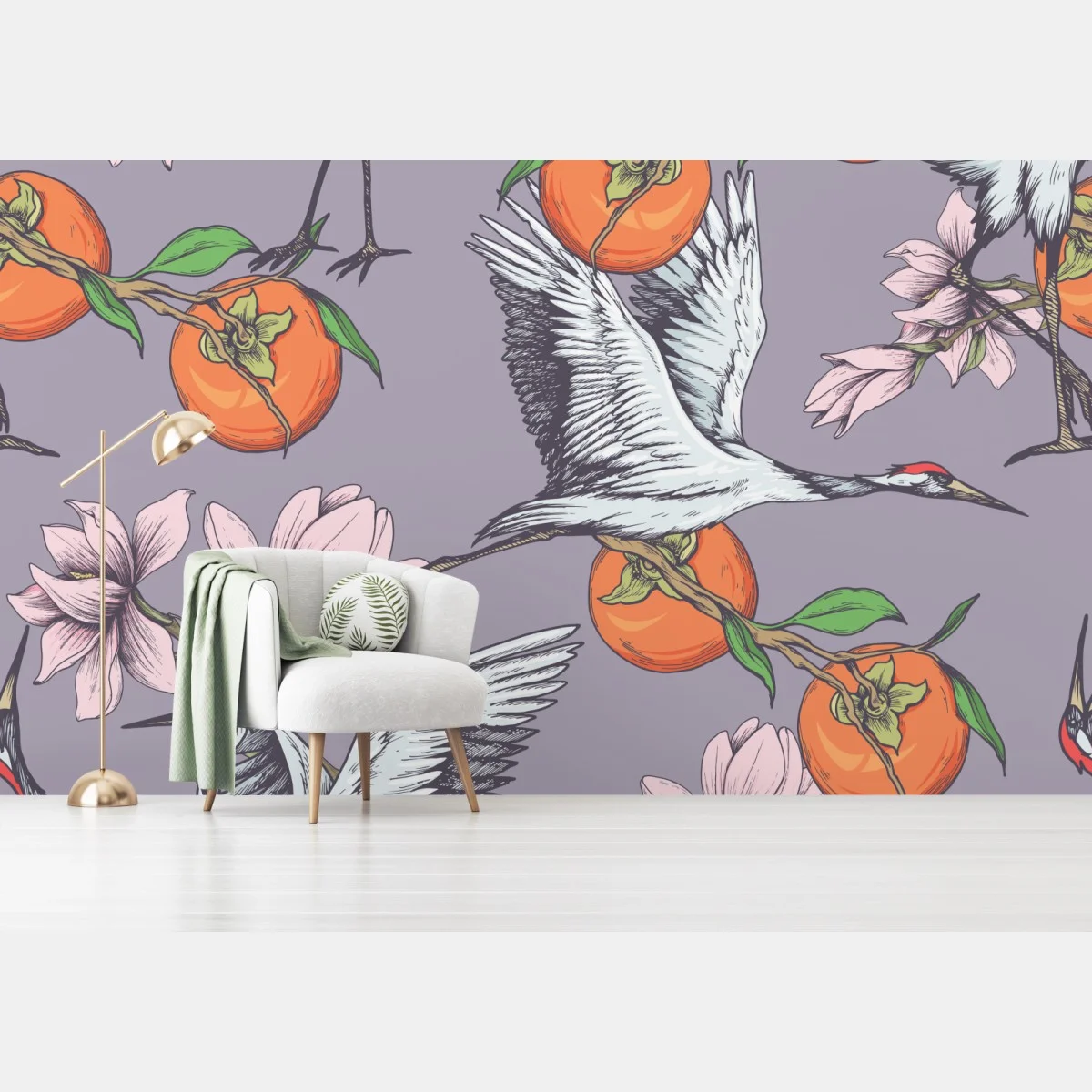 Fototapete anmutige kraniche und kakis mit magnolien – Wallnifity® Fototapete anmutige kraniche und kakis mit magnolien – Wallnifity®