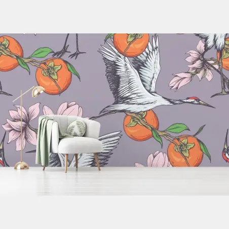 Fototapete anmutige kraniche und kakis mit magnolien – Wallnifity®