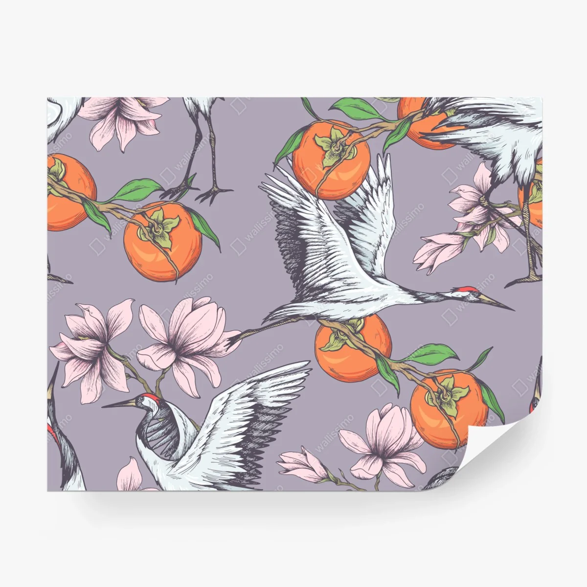 Fototapete anmutige kraniche und kakis mit magnolien – Wallnifity® Fototapete anmutige kraniche und kakis mit magnolien – Wallnifity®